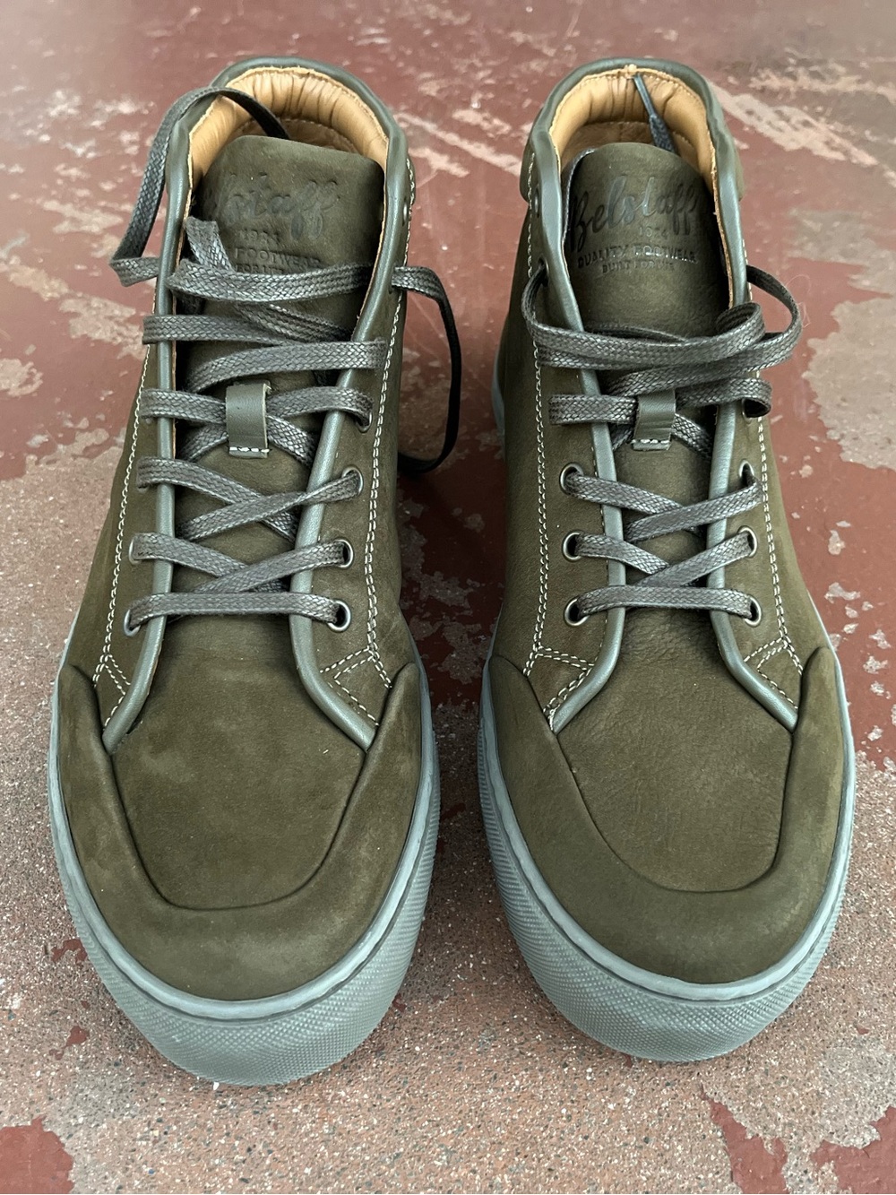 Belstaff Rally High Top Trainers Leather Sneakers Olive Green